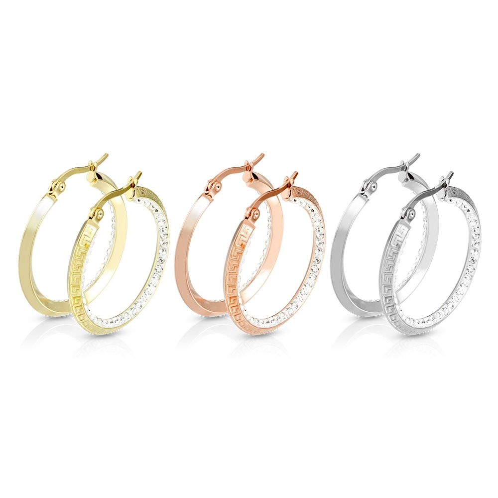 Pair of Maze Hoop with Crystal Paved Inner Edge Stainless Steel Earrings